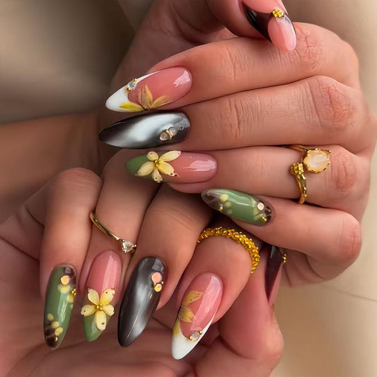 Floral Fantasy Medium Almond Multicolored Press-On Nail Set with Charming Floral Accents