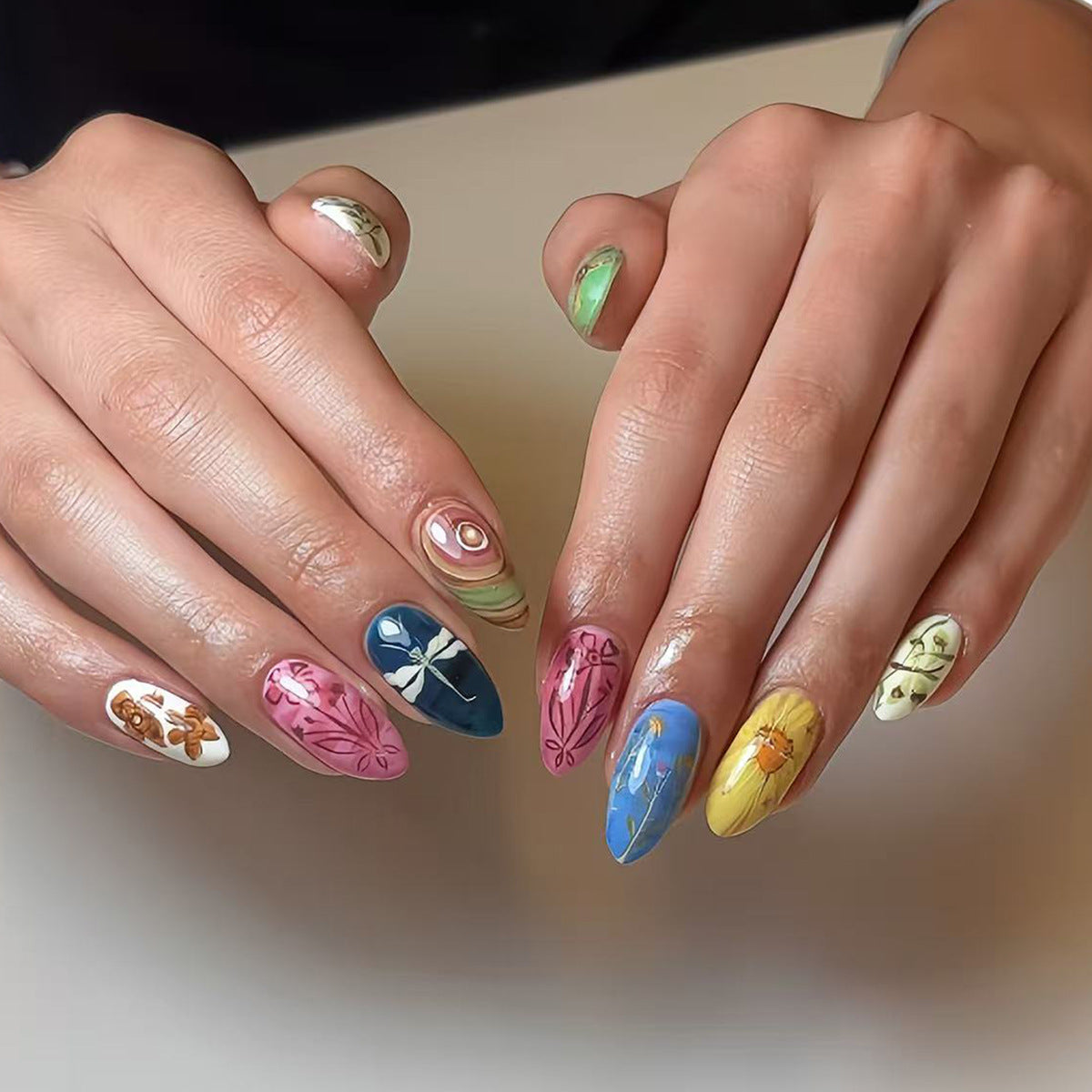 Whimsical Floral Vibe Medium Almond Multicolor Artistic Design Press On Nail Set