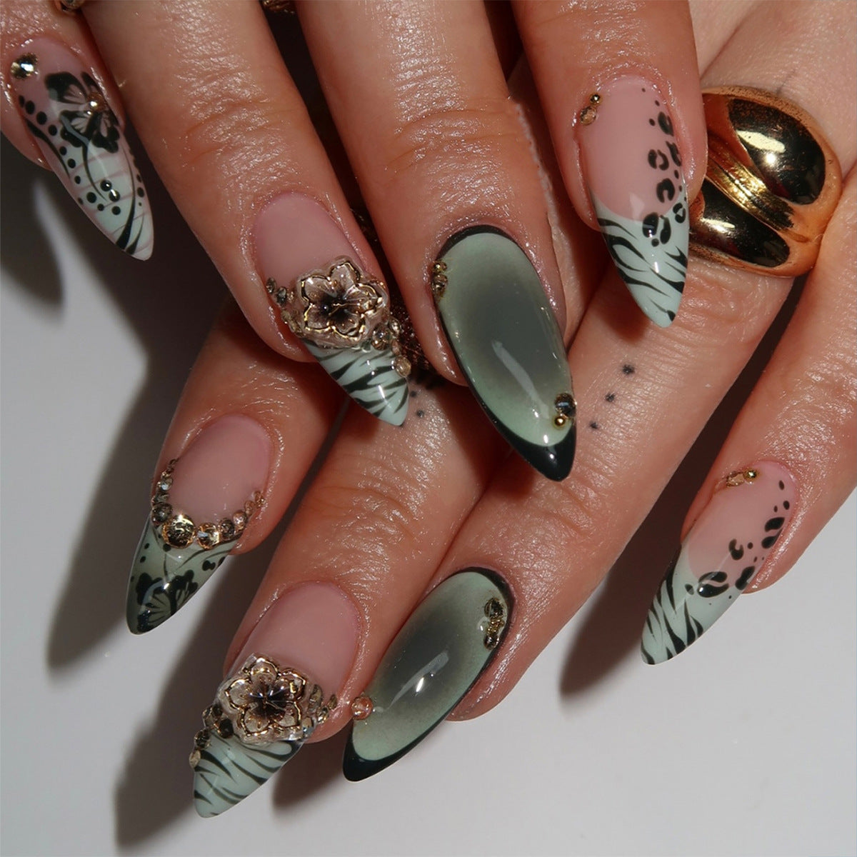 Enchanting Emerald Medium Almond Press-On Nail Set with Intricate Floral Accents