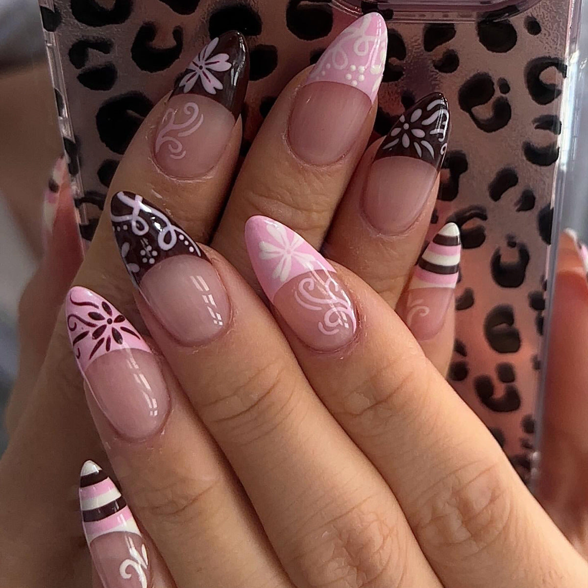 Floral Fantasy Medium Almond Pink and Brown Ombre Nail Set with Elegant Design