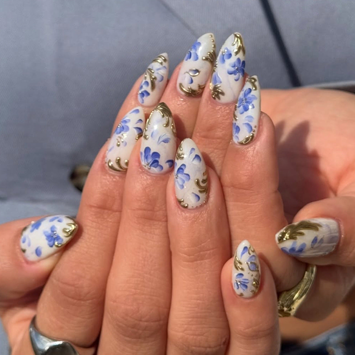Whimsical Floral Fantasy Medium Almond Blue and Gold Design Press On Nail Set