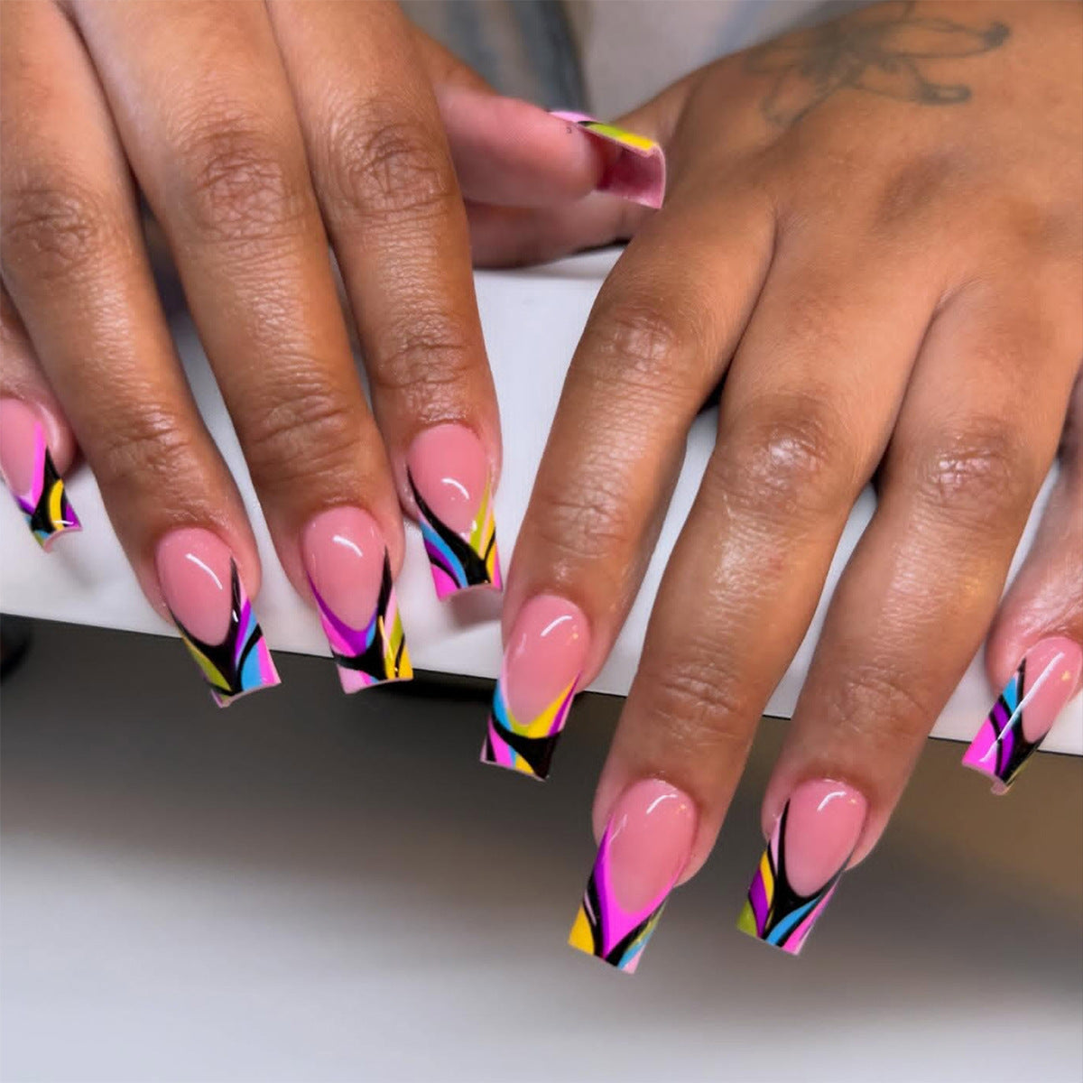 Vibrant Swirl Long Square Pink and Black Gradient Press on Nail Set