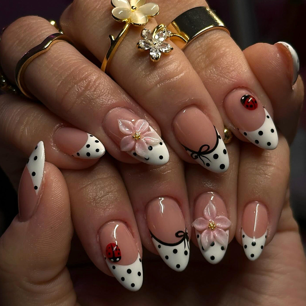 Charming Floral Short Almond White with Black Polka Dots and Ladybug Accent Press on Nail Set