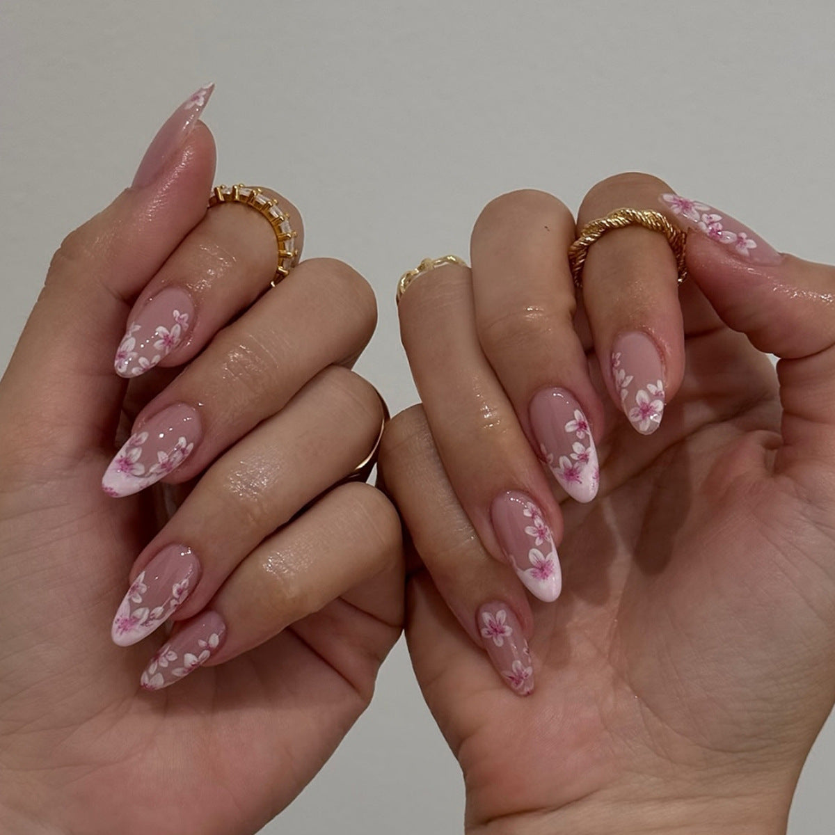 Blossom Elegance Medium Almond Pink Floral Press On Nail Set