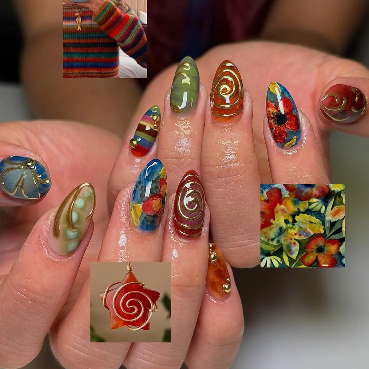 Bohemian Vibes Medium Almond Multicolored Swirl Design Press On Nail Set