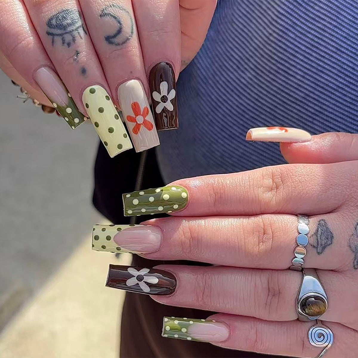 Bohemian Floral Vibe Long Square Green Polka Dot Press On Nail Set