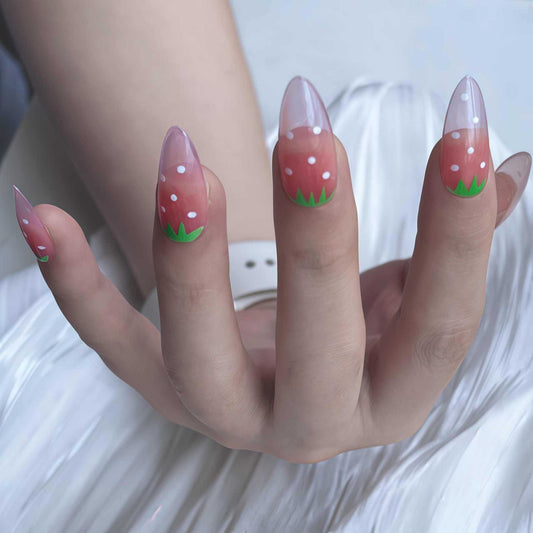 Strawberry Delight Long Almond Pink with Green Grass and White Dots Press-On Nail Set