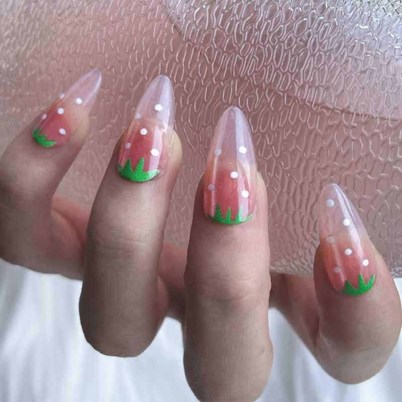 Whimsical Garden Inspired Long Almond Clear Pink Gradient Press On Nail Set with Playful Green Grass and White Dots