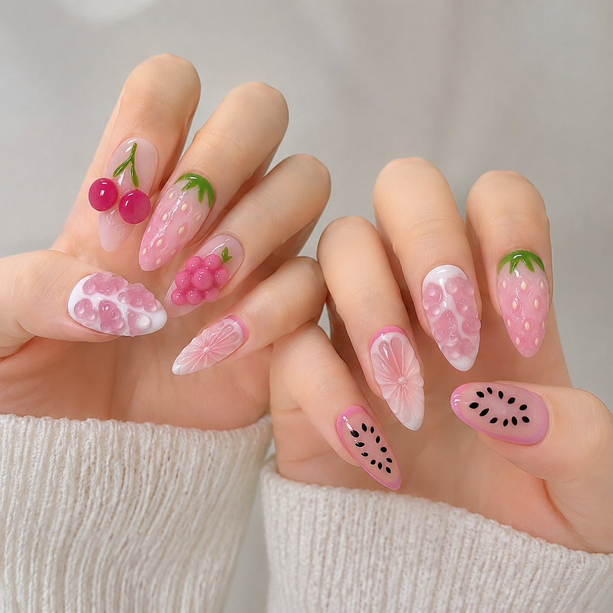 Fruity Delight Medium Stiletto Pink Press On Nail Set with Textured Fruit Designs