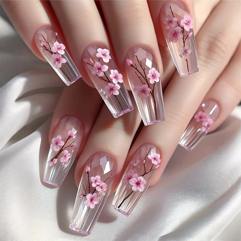 Blossoming Elegance Medium Coffin Pink Floral Press On Nail Set with Diamond Accent