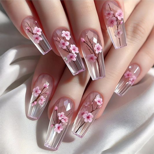 Blossoming Elegance Medium Coffin Pink Floral Press On Nail Set with Diamond Accent