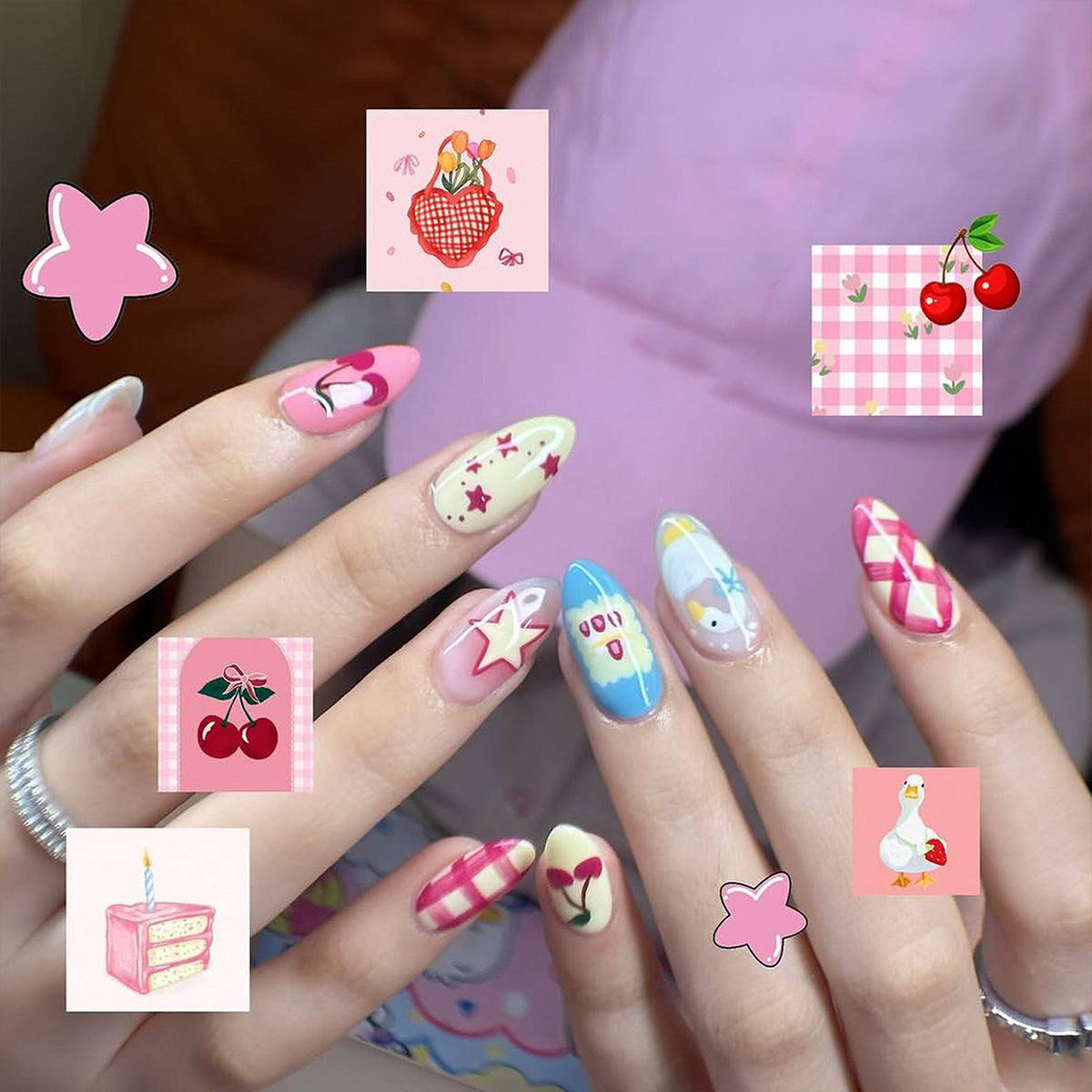 Sweet Blossom Medium Almond Pink Press On Nail Set with Whimsical Designs
