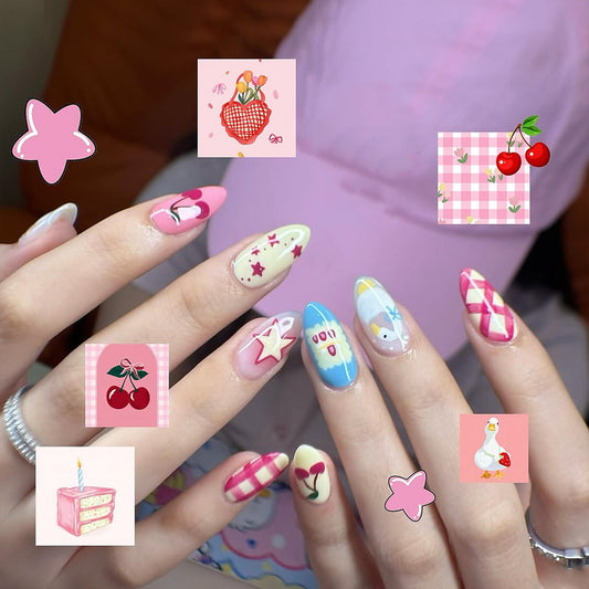 Sweet Blossom Medium Almond Pink Press On Nail Set with Whimsical Designs