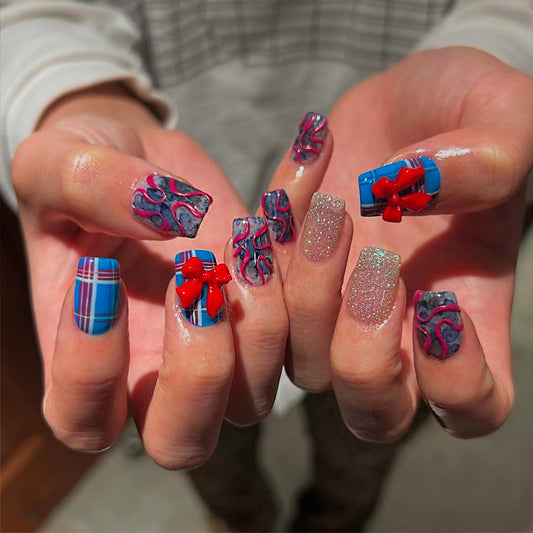 Festive Medium Square Blue and Glittery Gift Themed Press On Nail Set