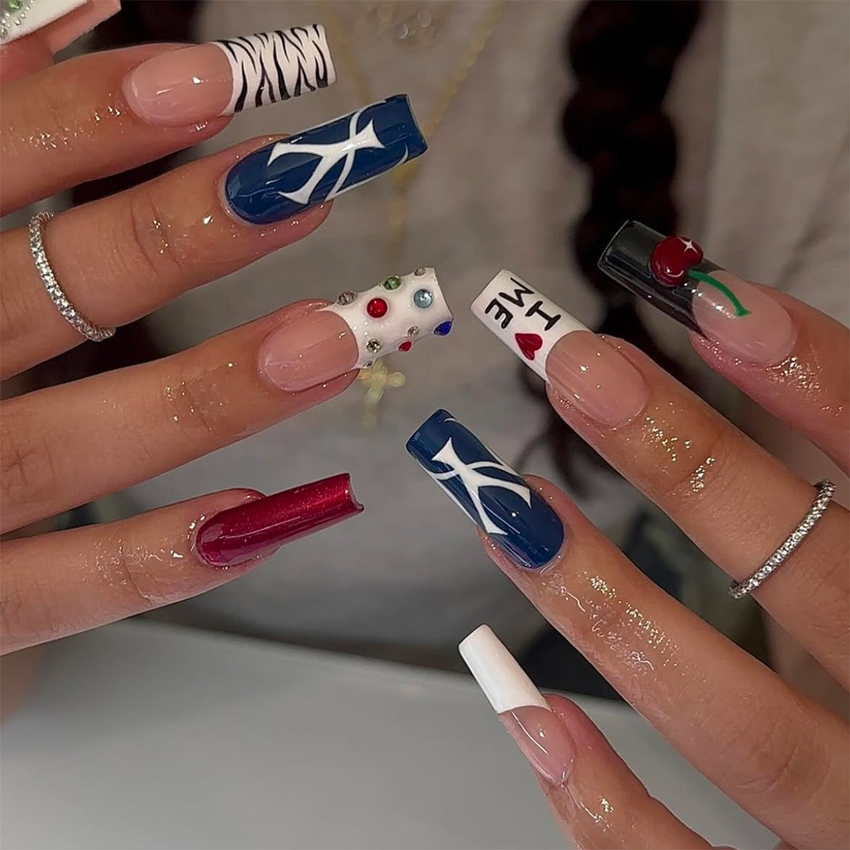 Vibrant Charm Long Square Multicolor Nail Set with Artistic Designs