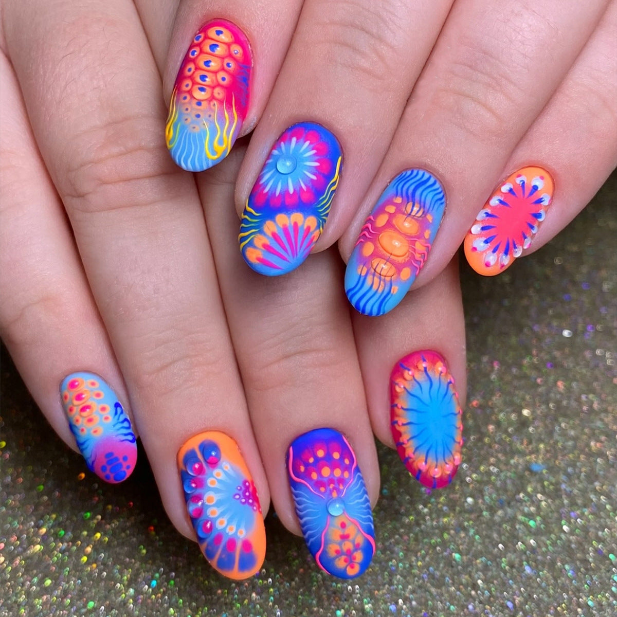 Vibrant Oceanic Medium Oval Colorful Floral Design Press On Nail Set