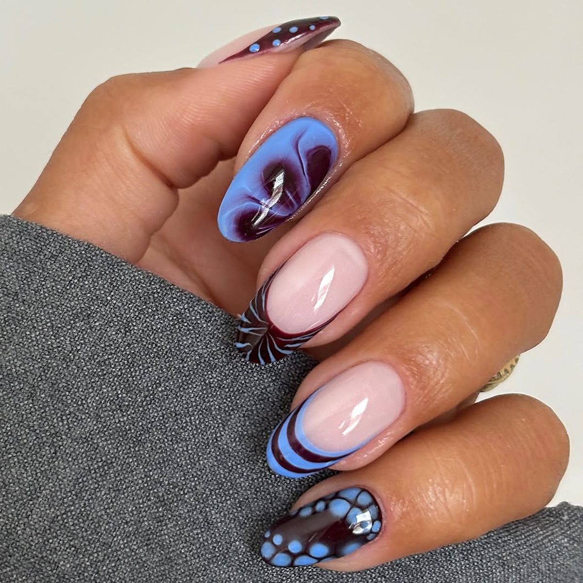 Ocean Breeze Medium Almond Blue and Brown Swirl Nail Press Set