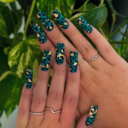 Wild Leopard Long Square Teal with Gold Accent Press-On Nail Set
