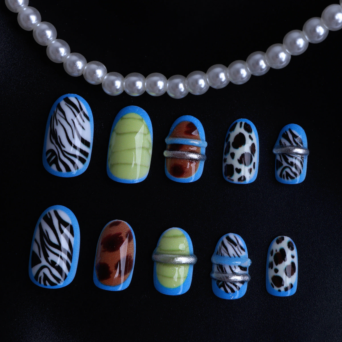 Safari Glam Medium Almond Blue Edge Design with Animal Print Accents