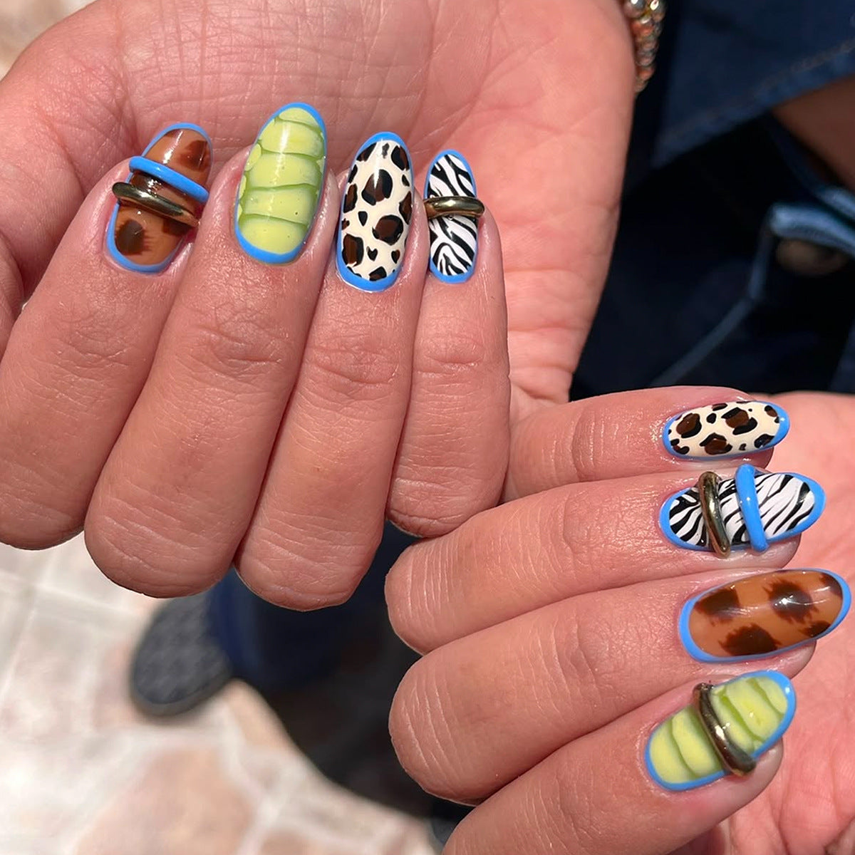 Tropical Vibes Medium Oval Blue Trim with Unique Abstract Designs Press on Nail Set