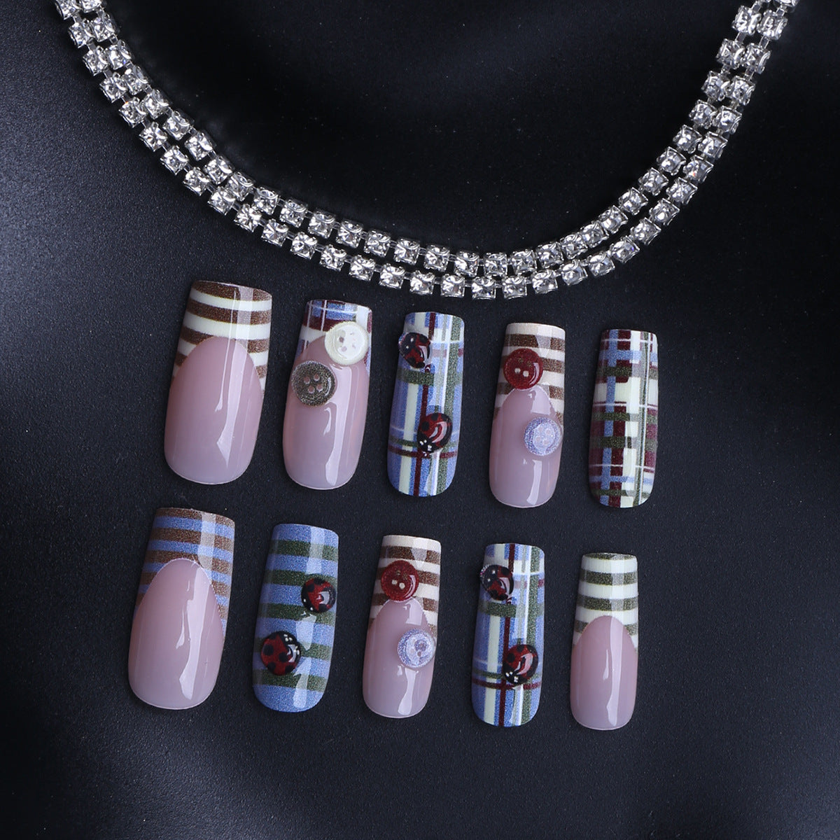 Chic Plaid Long Square Pink Press On Nail Set with Unique Button Accents