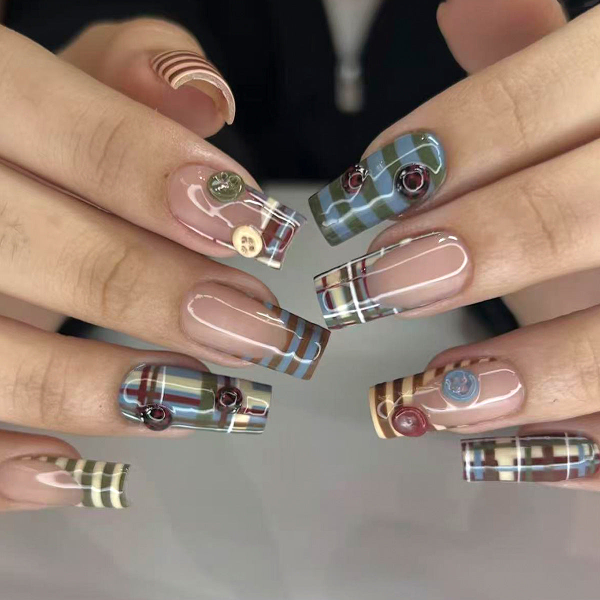 Autumn Vibes Long Square Green and Brown Striped Design Press On Nail Set