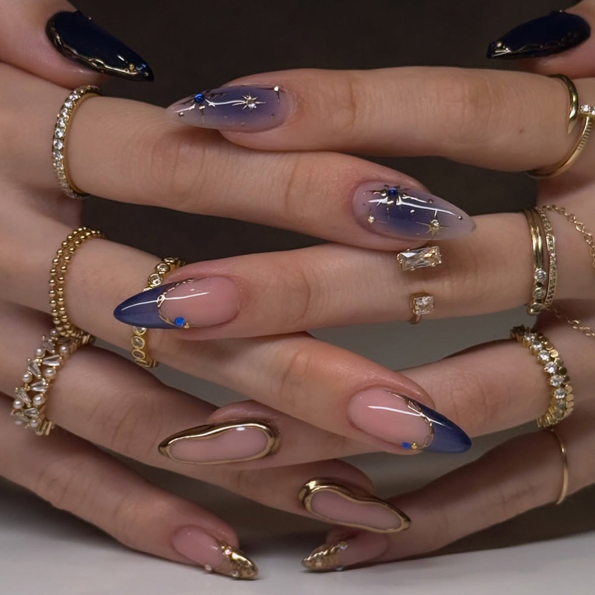 Celestial Dream Medium Stiletto Blue Ombre with Star Accents Nail Set