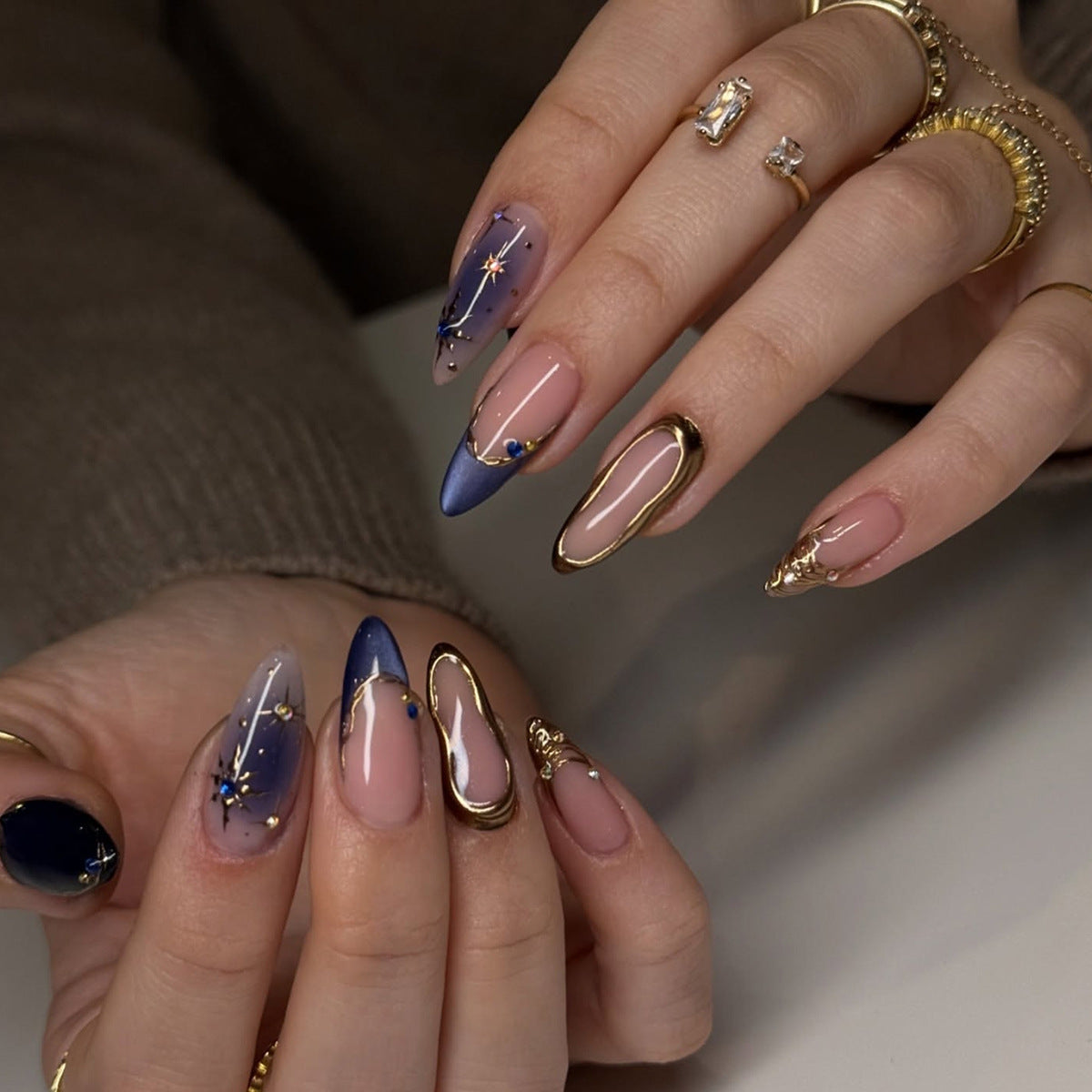 Celestial Elegance Medium Almond Blue Gold Accent Press On Nail Set