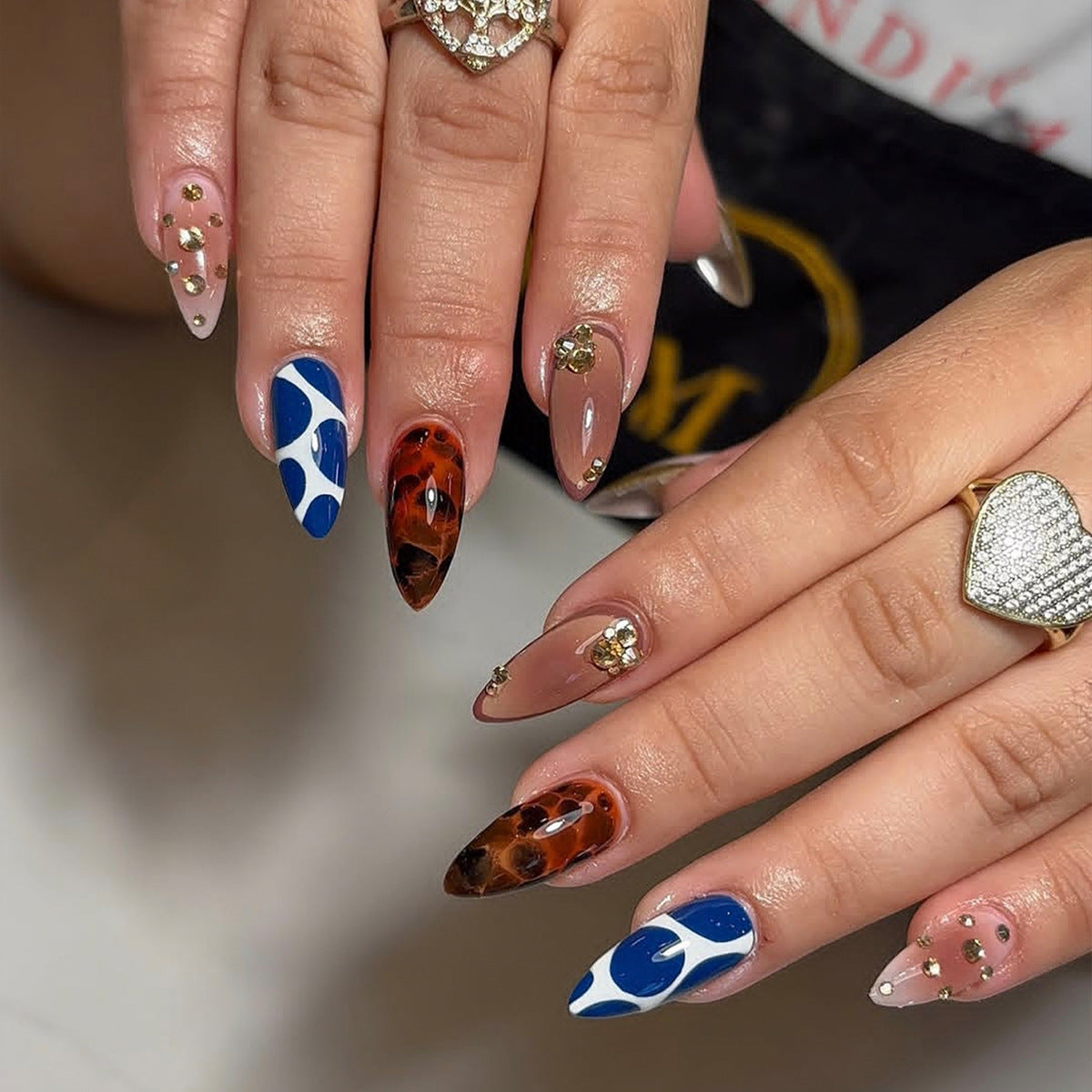 Glamorous Coastal Flair Medium Almond Multi-Colored with Unique Gold Accents Press On Nail Set