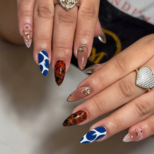 Glamorous Coastal Flair Medium Almond Multi-Colored with Unique Gold Accents Press On Nail Set