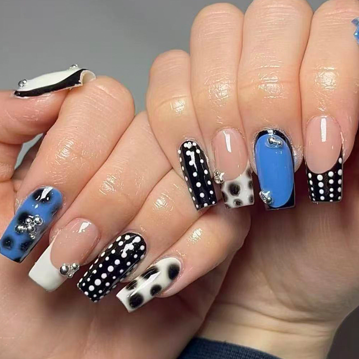 Artistic Glamour Long Square Black and Blue with Unique Dot Design Press-On Nail Set