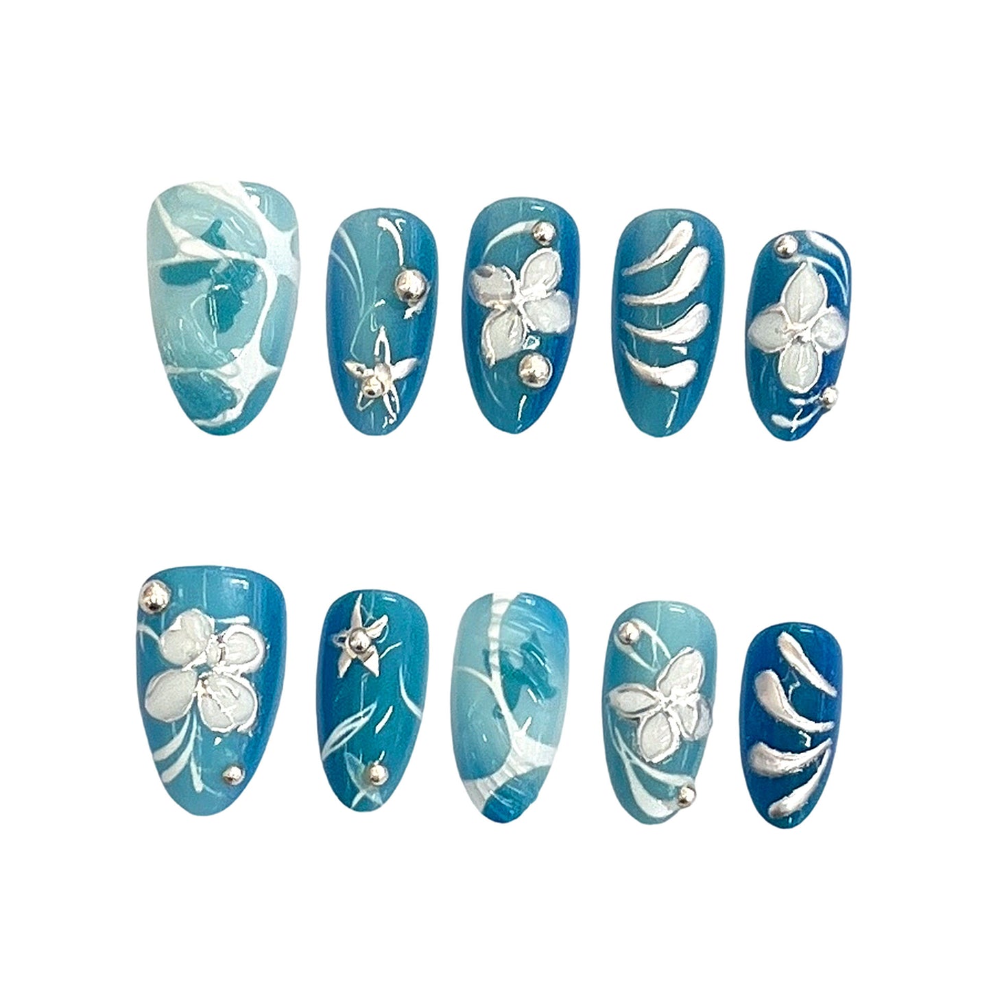 Tropical Bliss Long Almond Shape Teal with Elegant Floral Design and Rhinestone Accents Press On Nail Set