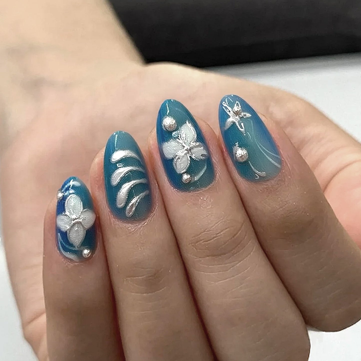 Tropical Paradise Elegant Long Almond Blue Floral Press On Nail Set with Pearl Accents