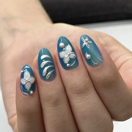 Tropical Paradise Elegant Long Almond Blue Floral Press On Nail Set with Pearl Accents