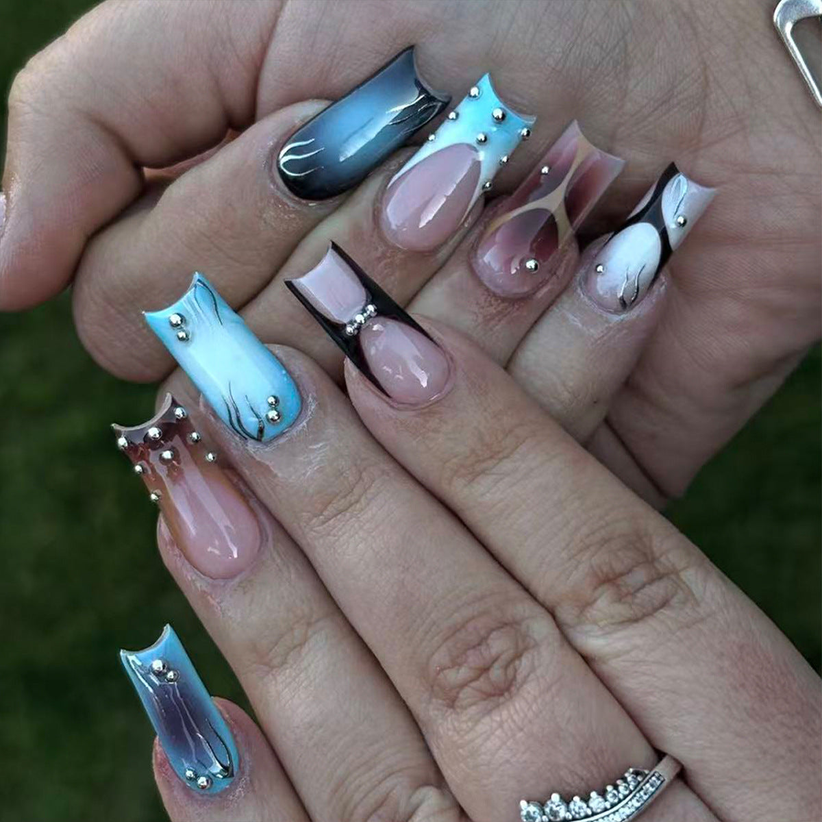 Celestial Elegance Long Square Blue Ombre with Metallic Accents Nail Set