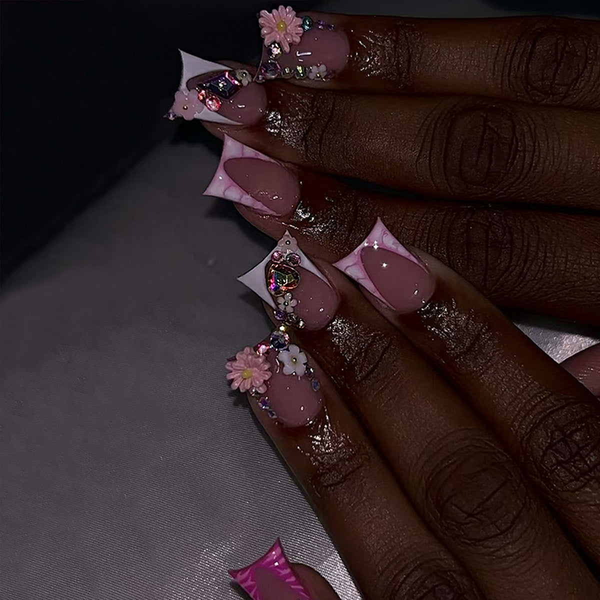 Floral Glam Medium Square Pink Nail Set with Glittering Accents