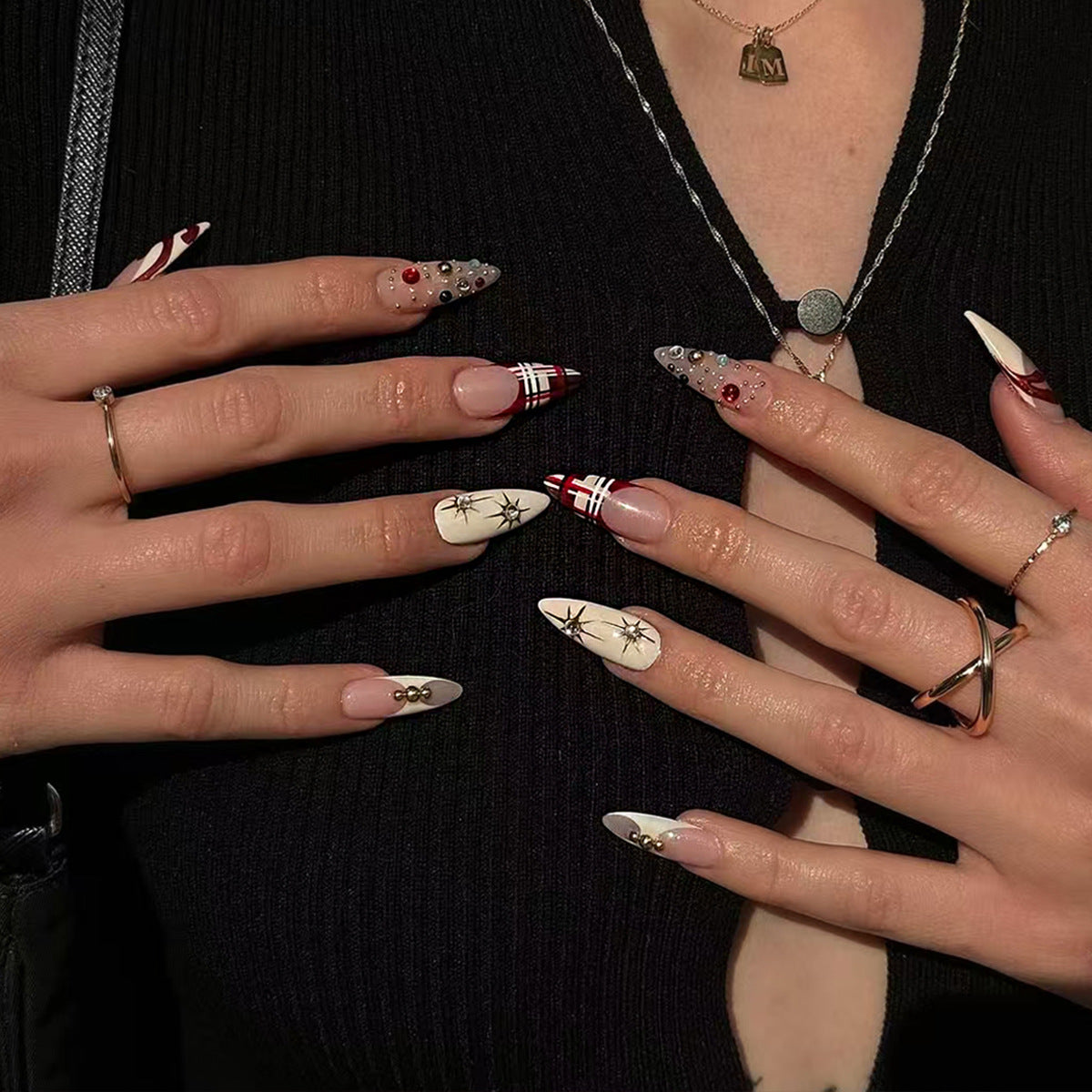 Elegant Winter Wonderland Medium Almond Red and White Press On Nail Set with Unique Gemstone Accents