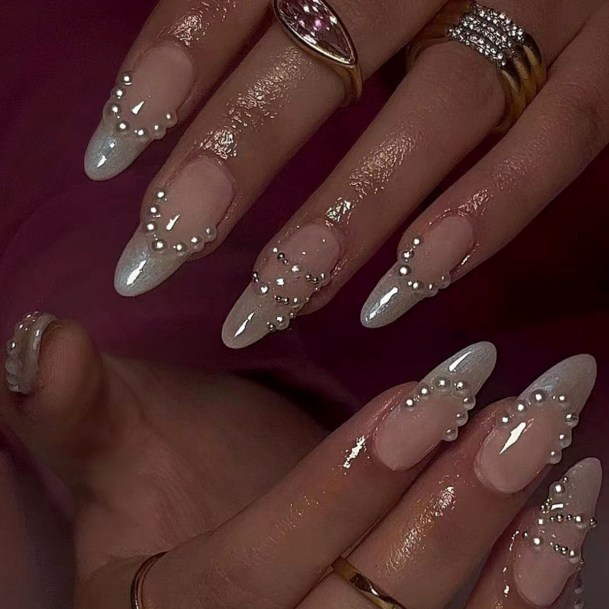 Elegant Pearl Adorned Medium Almond White Press On Nail Set