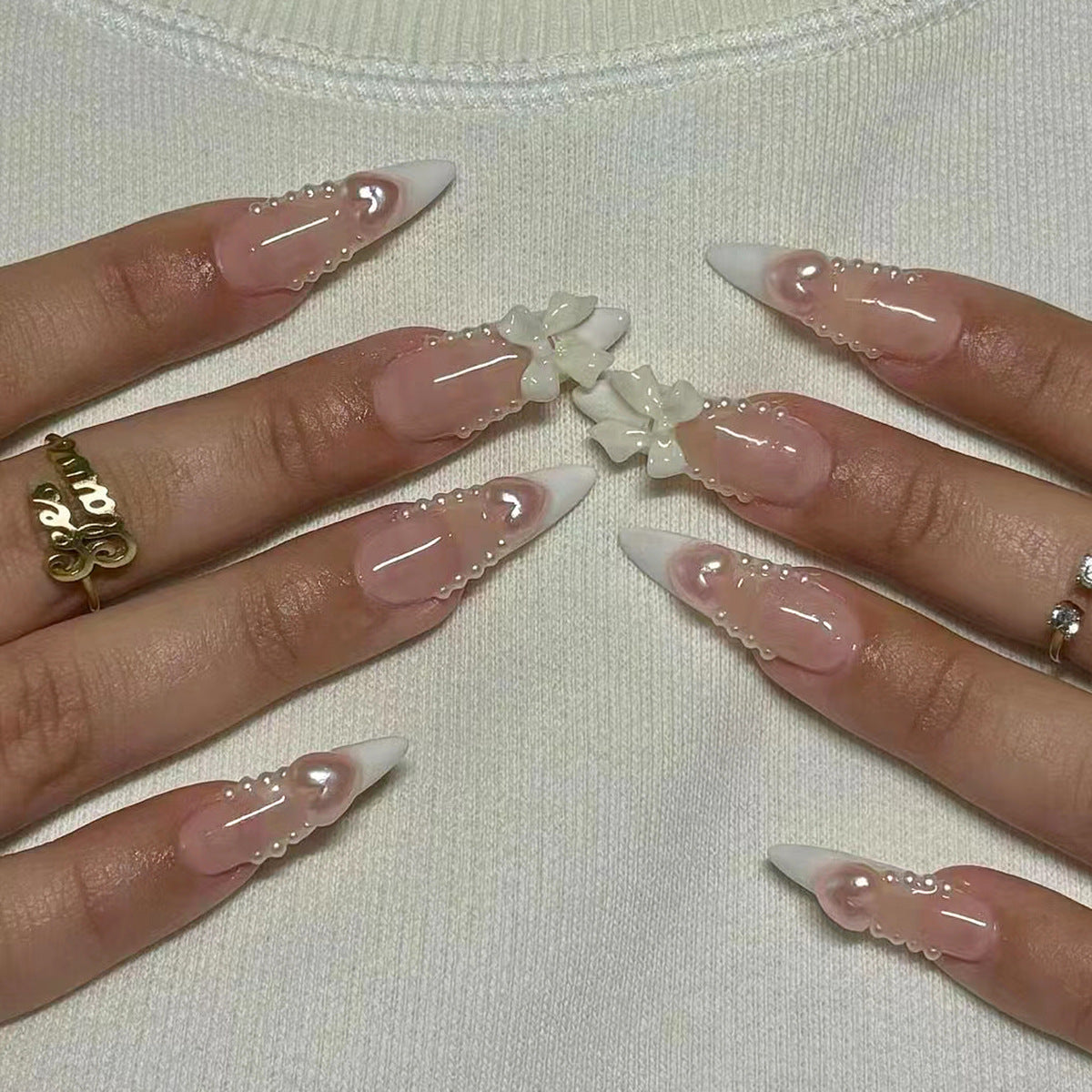 Floral Fantasy Medium Almond Pink Press On Nail Set with Elegant Pearl Accents