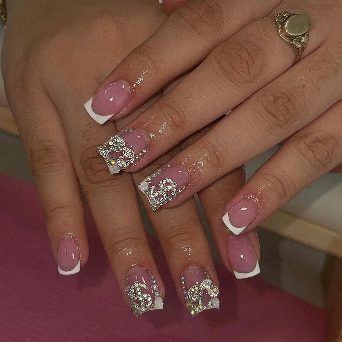 Elegant Glamour Short Square Pink with Stunning Rhinestone Embellishments Press on Nail Set