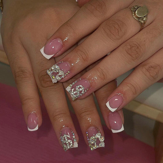 Elegant Glamour Short Square Pink with Stunning Rhinestone Embellishments Press on Nail Set