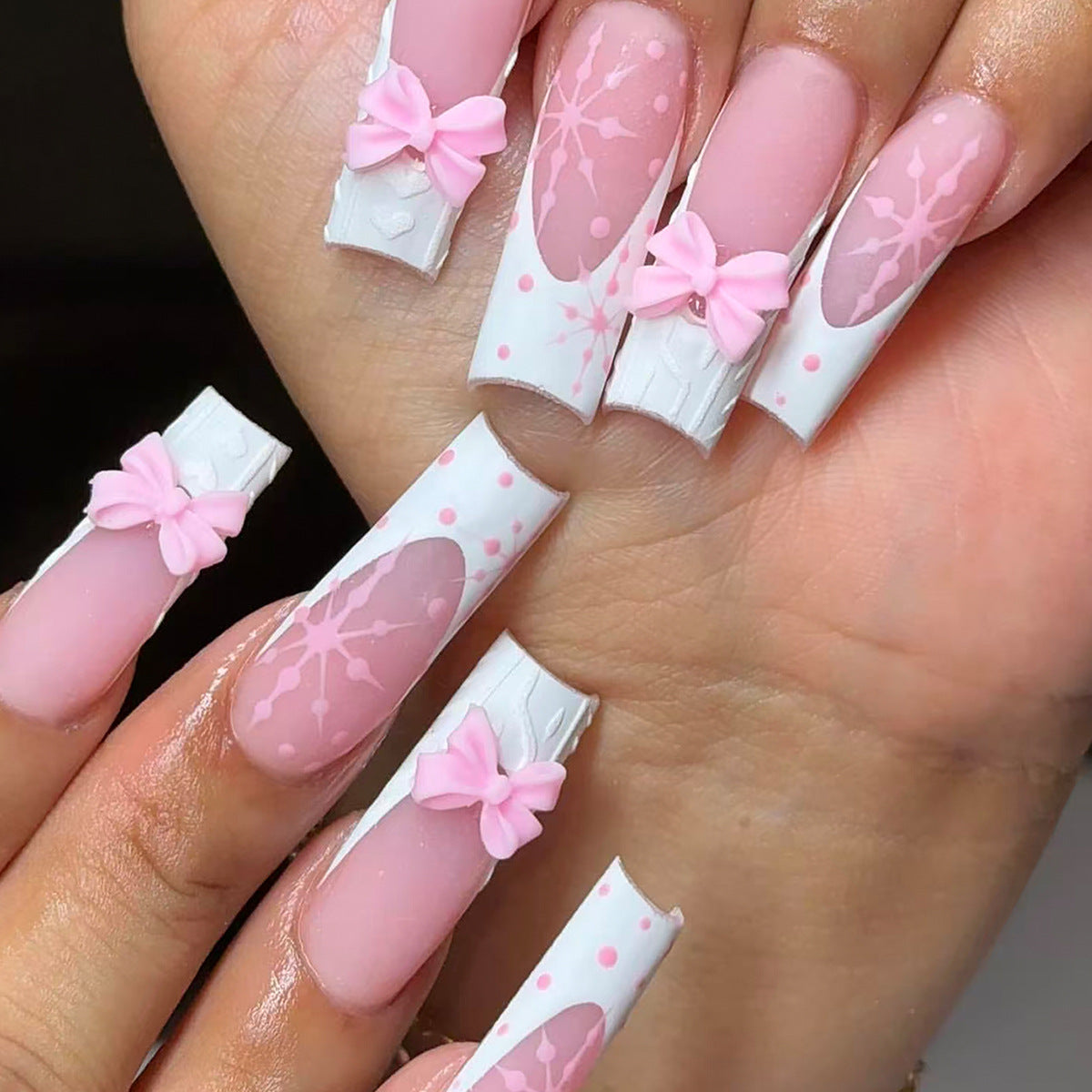 Charming Floral Long Square Pink Press On Nail Set with Bow Accents