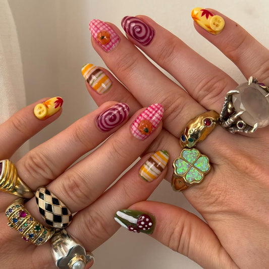 Whimsical Fruit Fantasy Medium Almond Multicolor Press On Nail Set with Unique Artistic Designs