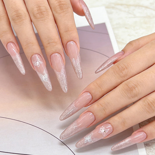 Whimsical Dreams Long Almond Beige Pink Glitter Press-On Nail Set with Butterfly Designs
