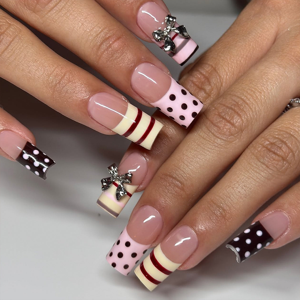Sweet Delight Long Square Pink with Bow and Polka Dots Press On Nail Set