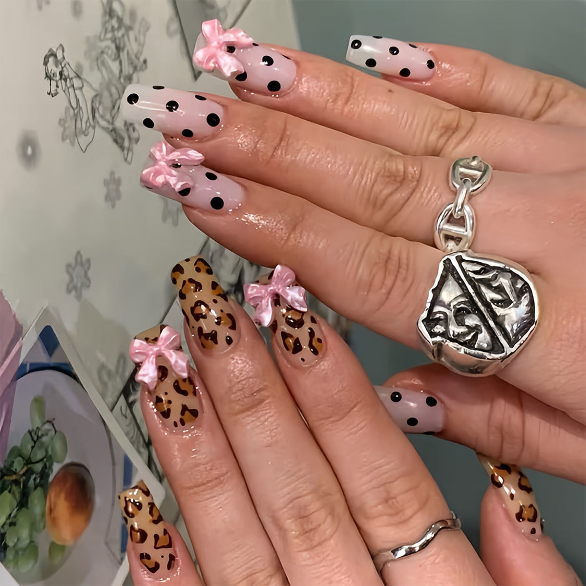 Charming Animal Print Long Square Pink Bow Press On Nail Set