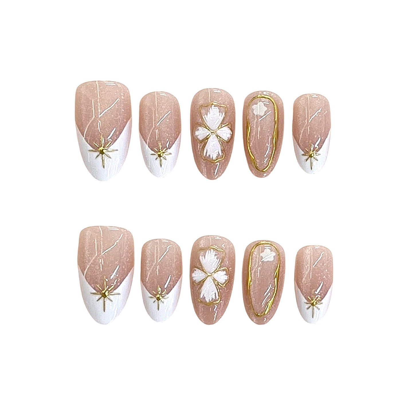Blossoming Elegance Long Almond Pink and White Floral Accent Press On Nail Set