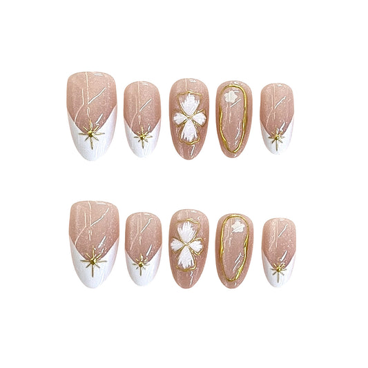 Blossoming Elegance Long Almond Pink and White Floral Accent Press On Nail Set