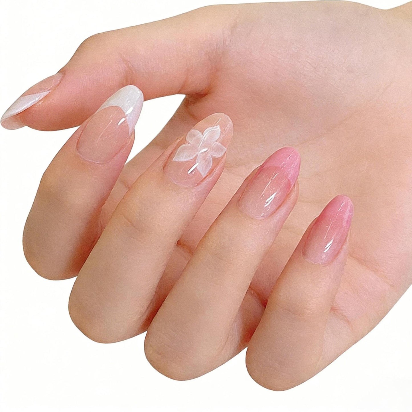 Blossom Serenity Long Almond Pink and Clear Nail Set with Elegant Floral Design