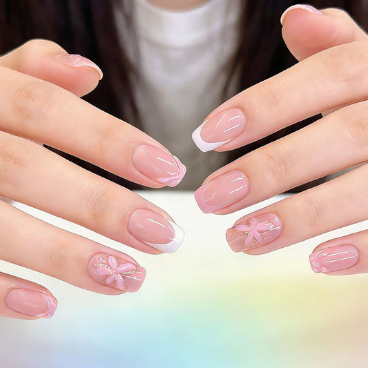 Blooming Elegance Short Square Pink Acrylic Press-On Nail Set with Beautiful Floral Accents